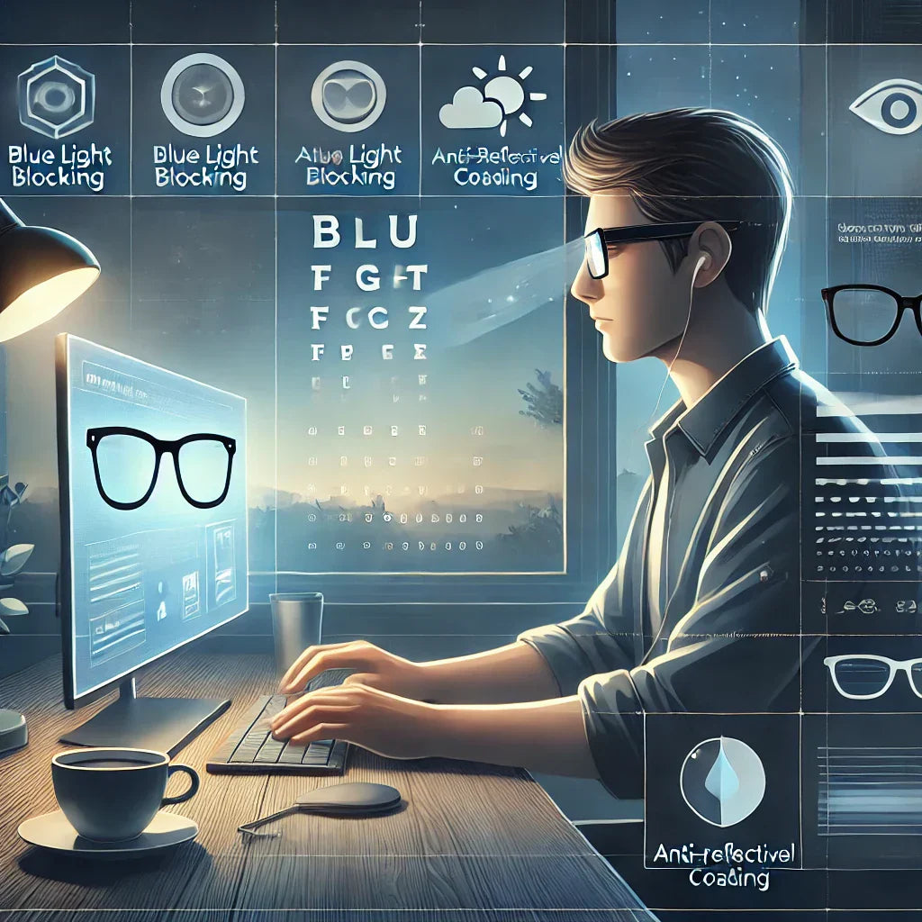 An informative digital illustration showing a person using a computer with glasses on, highlighting features like blue light blocking and anti-reflect