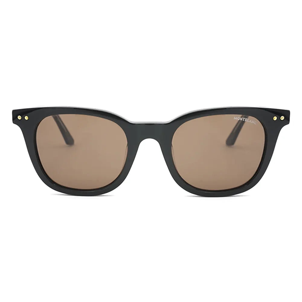 Black MontBlanc premium sunglasses with brown lenses, showcasing a sleek and stylish design.
