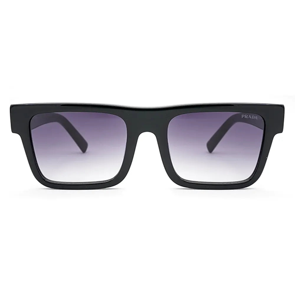 Black square Prada sunglasses with purple lenses, featuring a sleek and modern design.