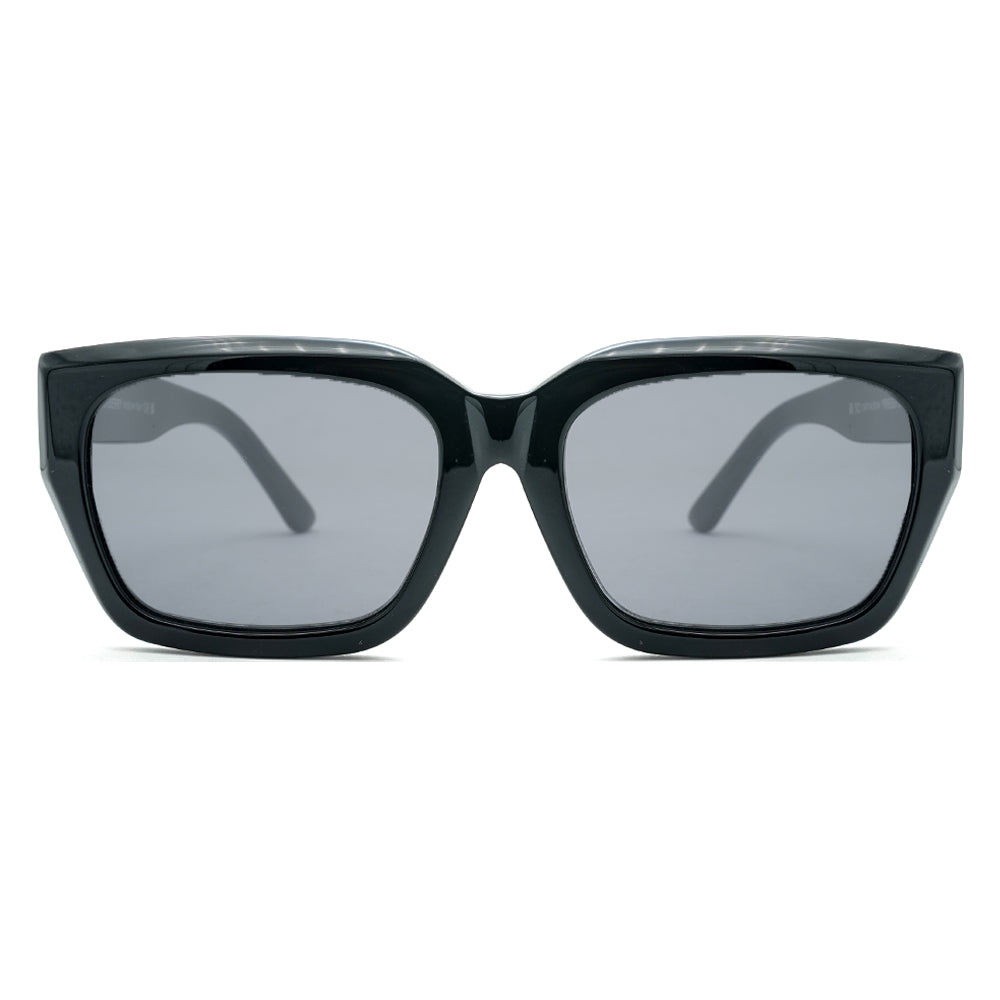Black square Burberry premium sunglasses with grey lenses, featuring a sleek and modern design.