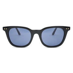Black MontBlanc premium sunglasses with blue lenses, showcasing a sleek and stylish design.