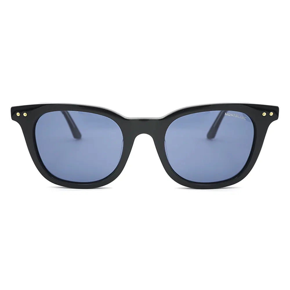 Black MontBlanc premium sunglasses with blue lenses, showcasing a sleek and stylish design.