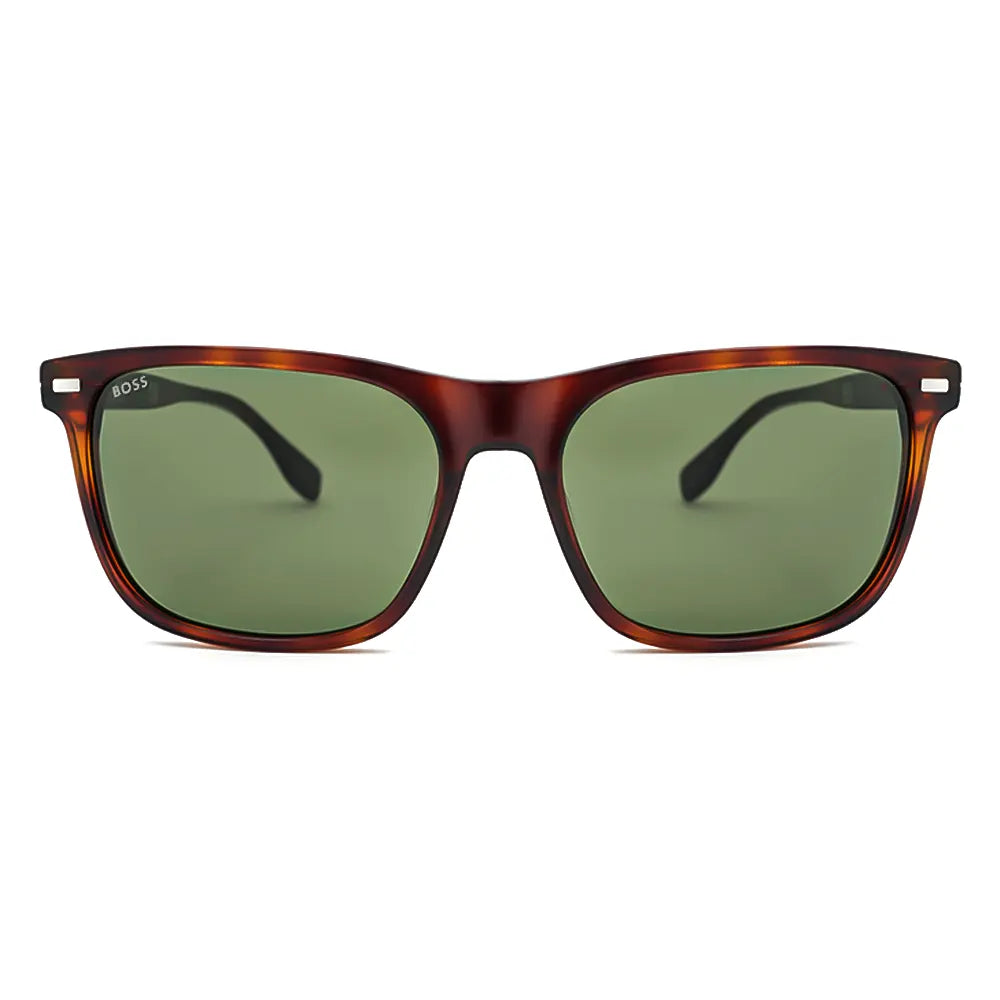 Boss sunglasses in brown frame with stylish design and green lenses, shown from a perspective view.