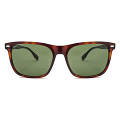 Boss sunglasses in brown frame with stylish design and green lenses, shown from a perspective view.