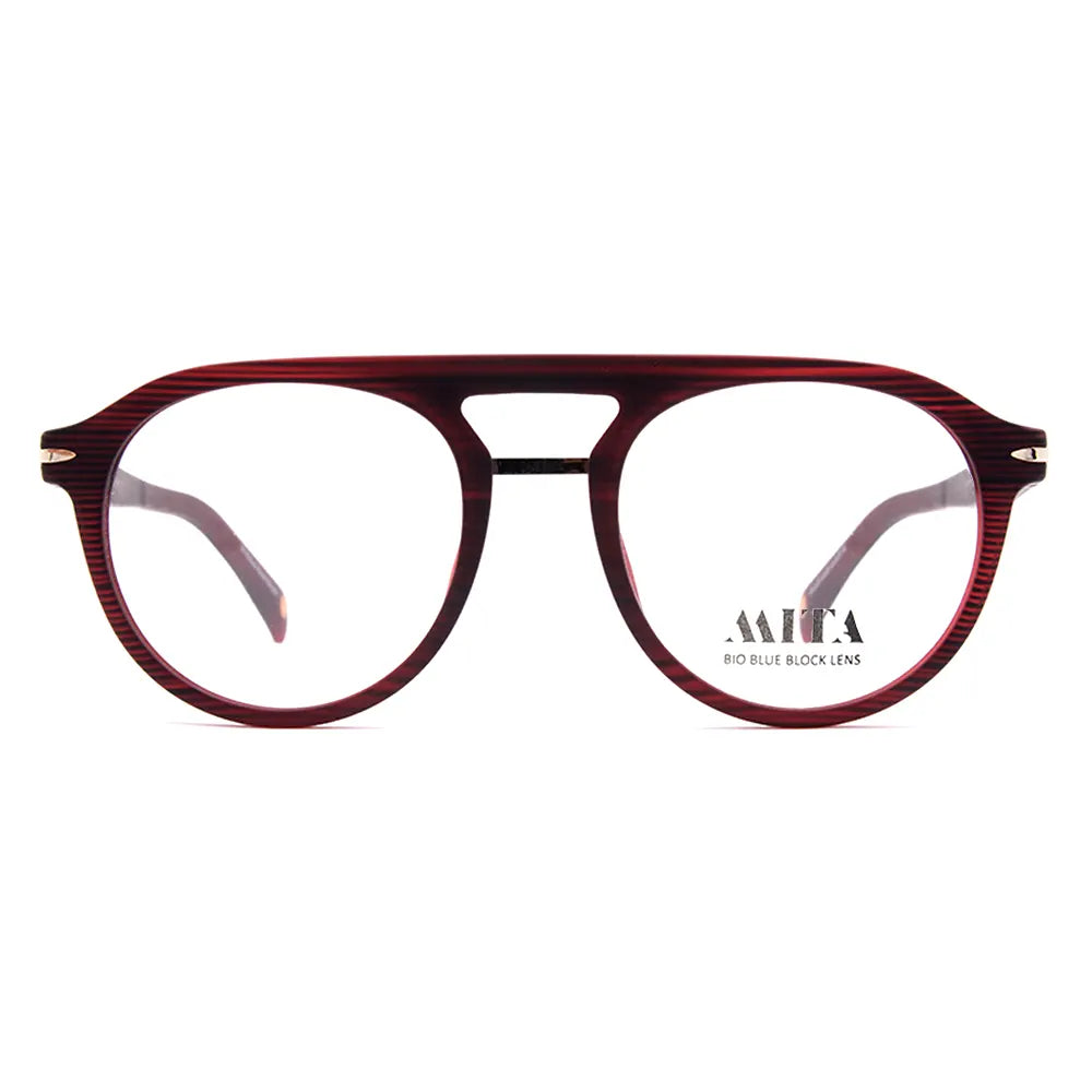 Stylish AMITA glasses with a red frame and blue block lenses, designed for comfort and protection from digital screen light.